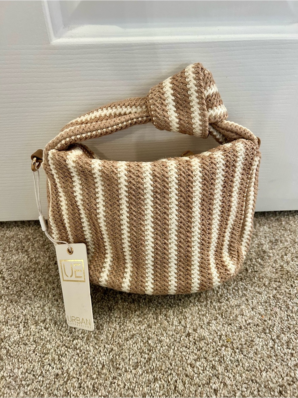 Urban Expressions Striped Crochet Shoulder Bag in Beige & Cream